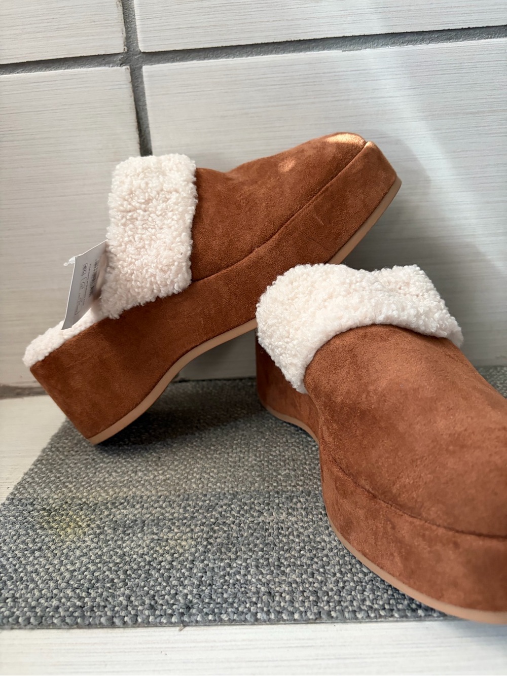 Time and Tru Brown Suede Mule with Cream Sherpa Collar